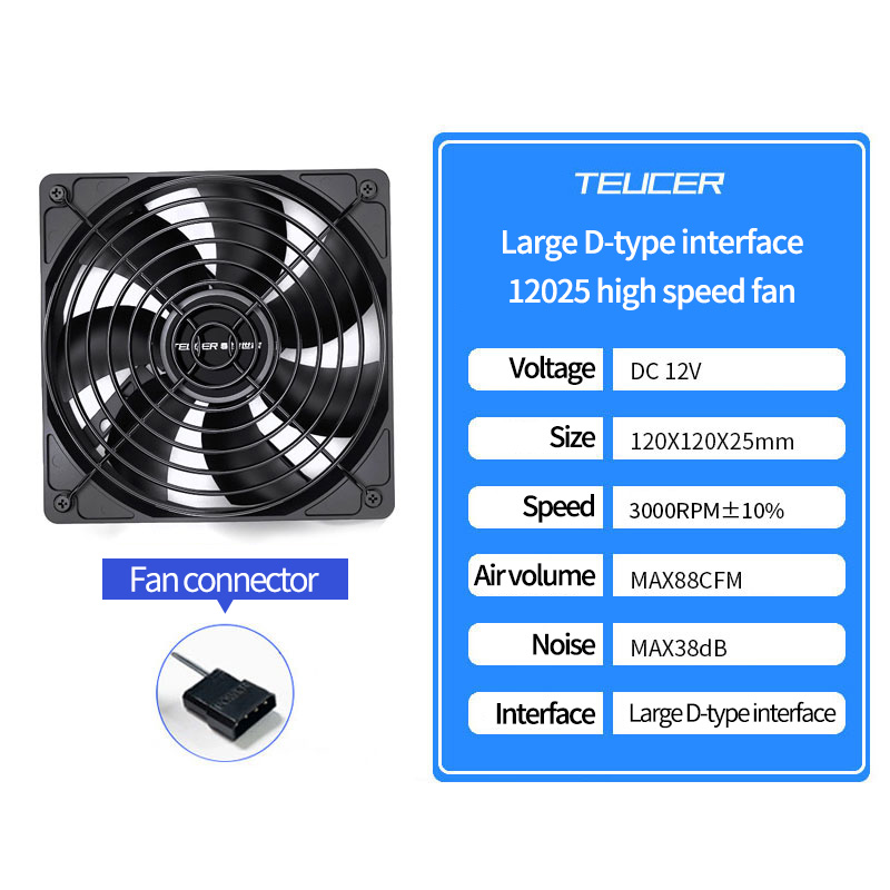 TEUCER-ventilador con caja de alta velocidad, 3000RPM, 12cm, chasis grande de 4 pines, fuente de alimentación, rodamiento hidráulico, ventilador de refrigeración líquida PWM de 12V/4 pines: Azul