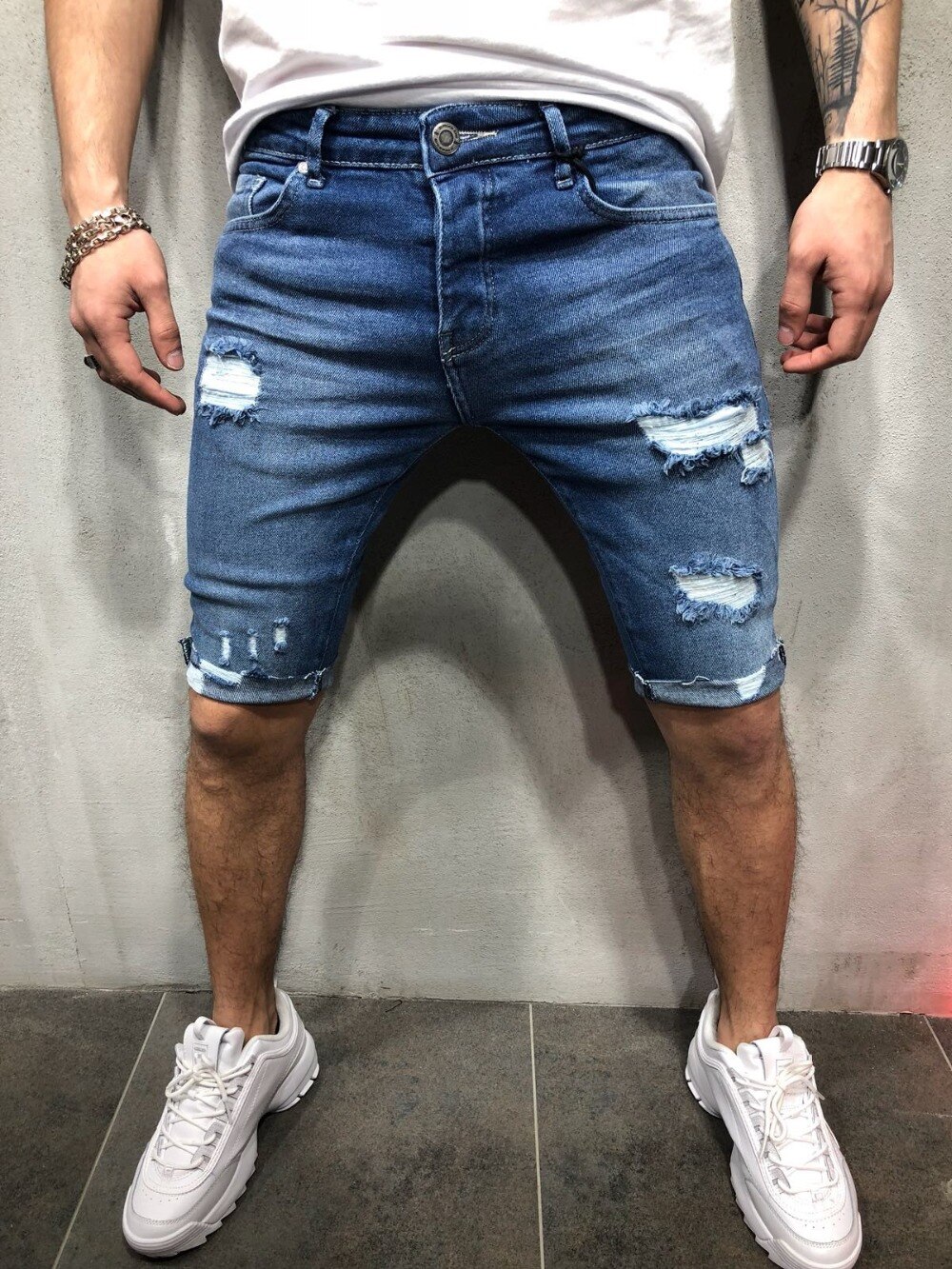 Mænds revet hul denim shorts skinny blyant korte jeans plus størrelse 3xl knæ længde bukser mand blå kausal slim fit shorts