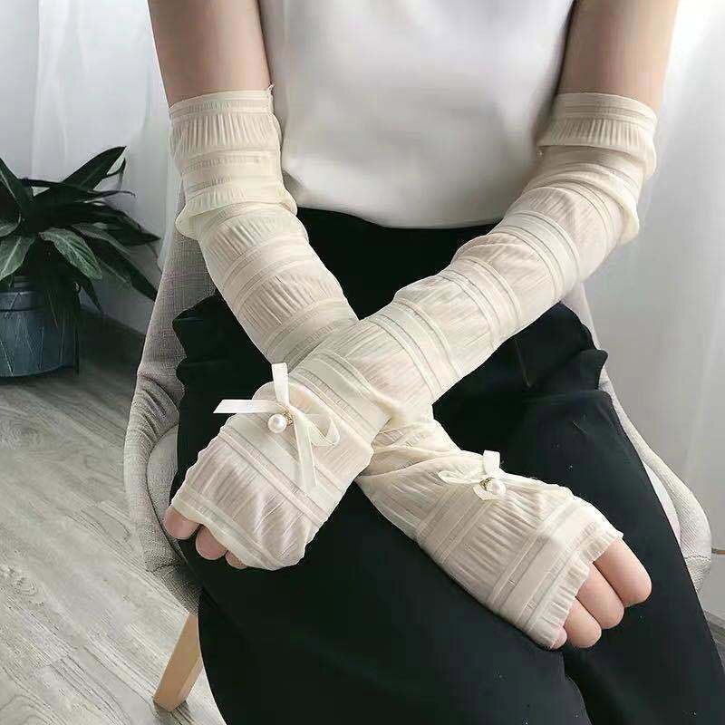 Summer Women Lace Thin Breathable Gloves Sun Protection Gloves Fingerless Outdoor Cycling Arm Sleeves Female: beige