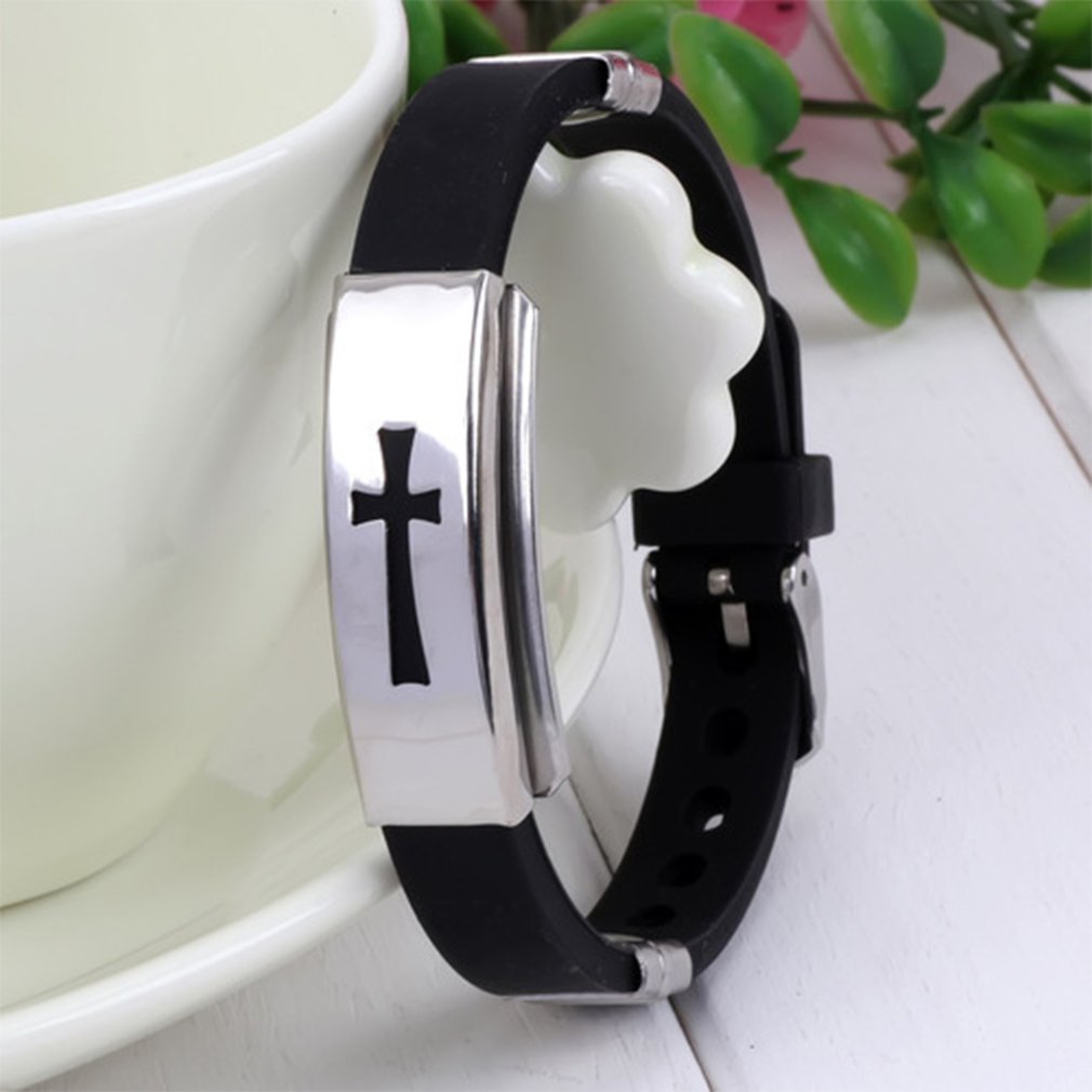 Novo preto pulseira de silicone jesus cruz pulseira encantos homens prata cor manguito pulseira jóias namorados para senhoras meninos 2020