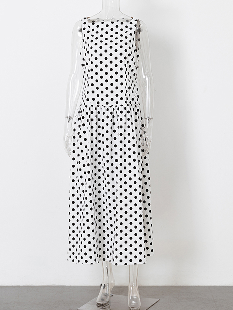 Polka Dots White Long Dresses Women Summer Sleeveless A-line Vestidos Vintage Simple Casual Midi Dress: XL