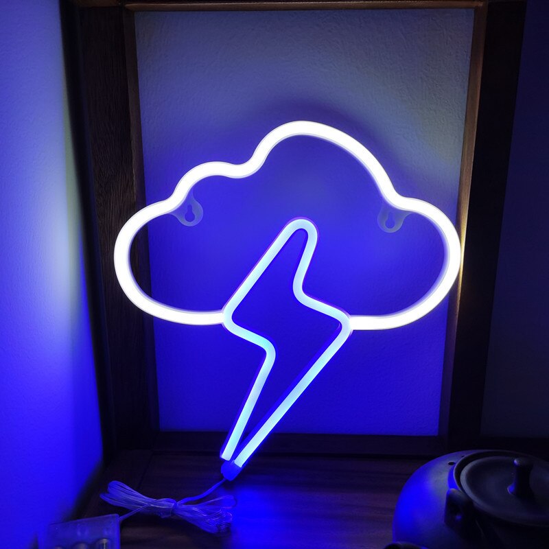 Lightning Cloud Neon Sign LED Bolt Cool Light up Thunderbolt Wall Lamp Bedroom Gaming Room Art Decoration Photography Backlight: White Blue