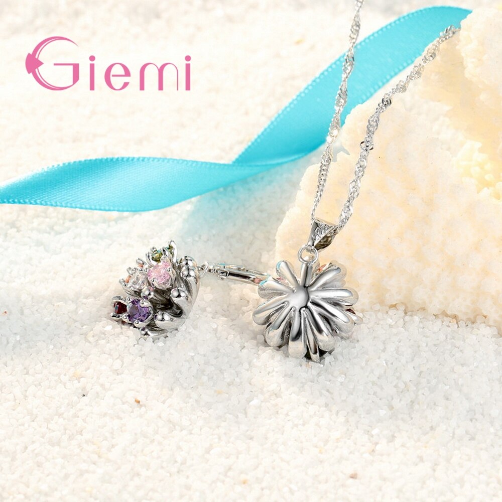 Kleurrijke Cz Zirconia Crystal Bloem Hanger Ketting Oorringen Set 925 Sterling Zilveren Sieraden Set