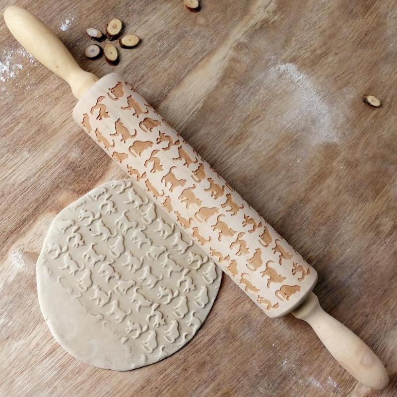 Cute Animal Wood Embossing Rolling Pin for DIY Baking Cookies Noodle Biscuit Fondant Cake Dough Engraved Roller