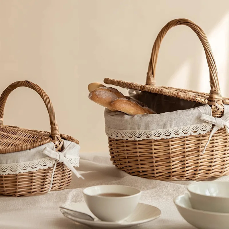 Cesta de Picnic de gran capacidad con tapa, cesta tejida de mimbre y bambú, contenedor de aperitivos para almacenamiento de frutas para el hogar, cesta de mimbre para exteriores