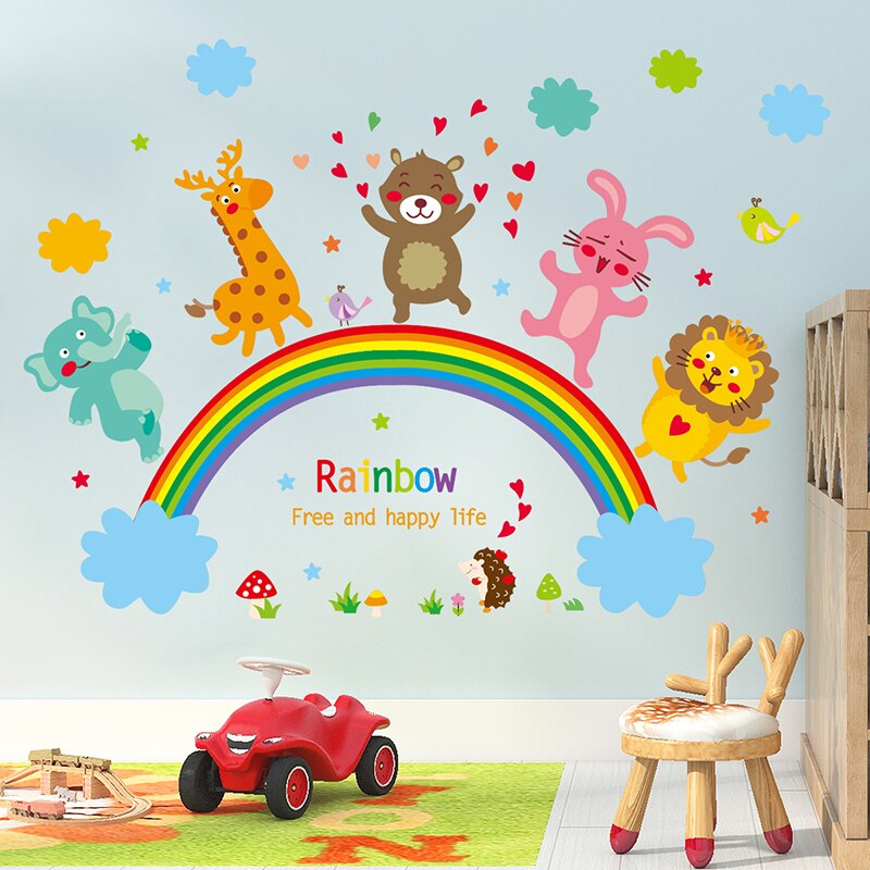 [shijuekongjian] tegneserie løve bjørn dyr wallstickers gør-det-selv regnbueskyer vægmaleri mærkater til børneværelser baby soveværelse dekoration