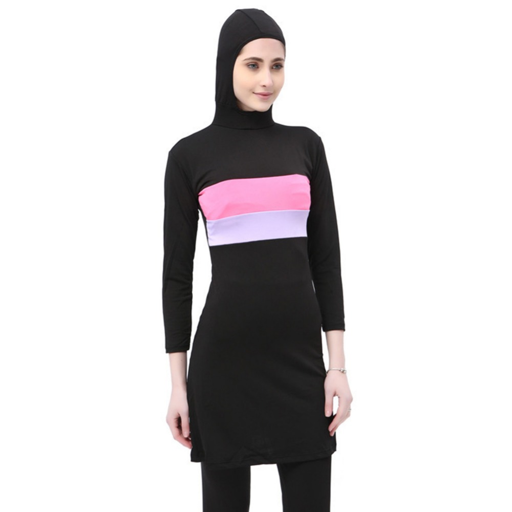 Women Long Sleeve Beachwear for Muslim Contrast Color Hooded Arab Hijab Islamic Swim Surf Wear Burkinis Suit Swimsuit Plus Size