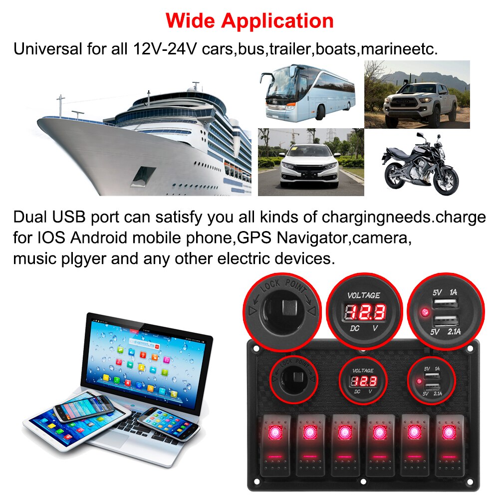 5/6 Gang Rocker schalten Tafel Mit Sicherung 4,2 EIN Dual USB Slot Steckdose Digital Spannung Anzeige für Marine Stiefel Auto lkw Wasserdicht