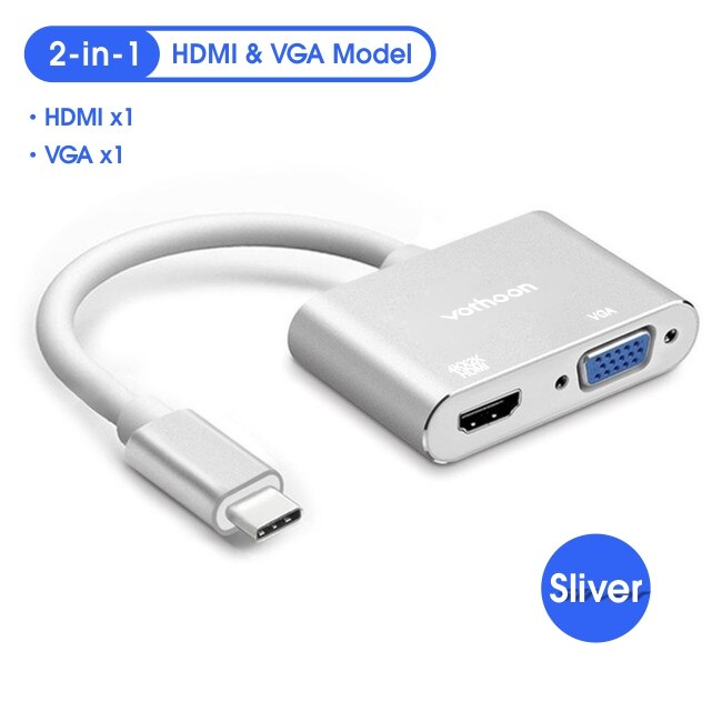 Vothoon USB Type C HUB to USB 3.0 HDMI USB HUB for MacBook Pro Air Huawei P30 Samsungs S10 S9 3 Port VGA Type C HUB: 2-in-1 Silver