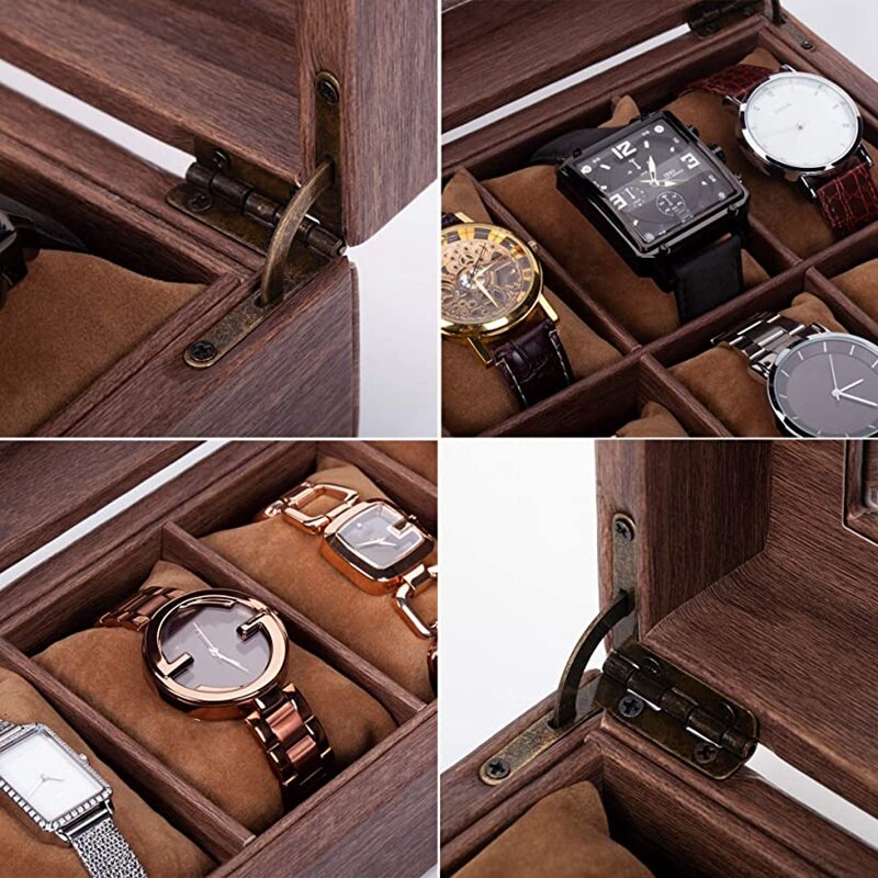 Horloges Opslag/Horloge Case/Horloge Doos Gemaakt Van Pu Leer In Houtnerf En Echte Gl Met 10 grids Voor 10 Horloges