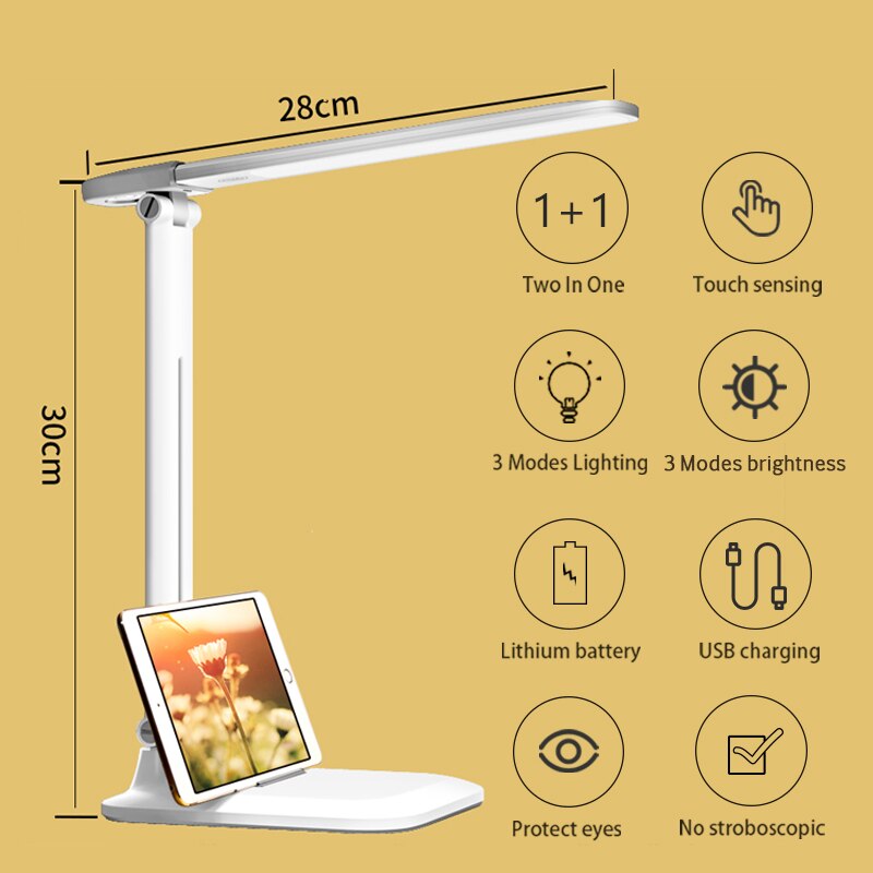 Two-in-One Detachable LED Desk Lamp 3 Mode Lighting Brightness Rechargeable USB Learning Table Lamp for Study