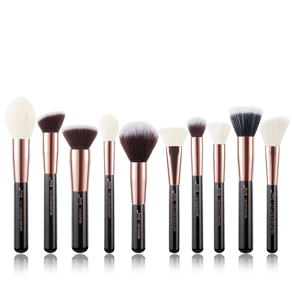 Jessup-pinceles de maquillaje, para base en polvo, maquillaje en polvo, color blanco perla/oro rosa, Definidor facial, pelo natural, 10 Uds.: G2-T166-10PCS