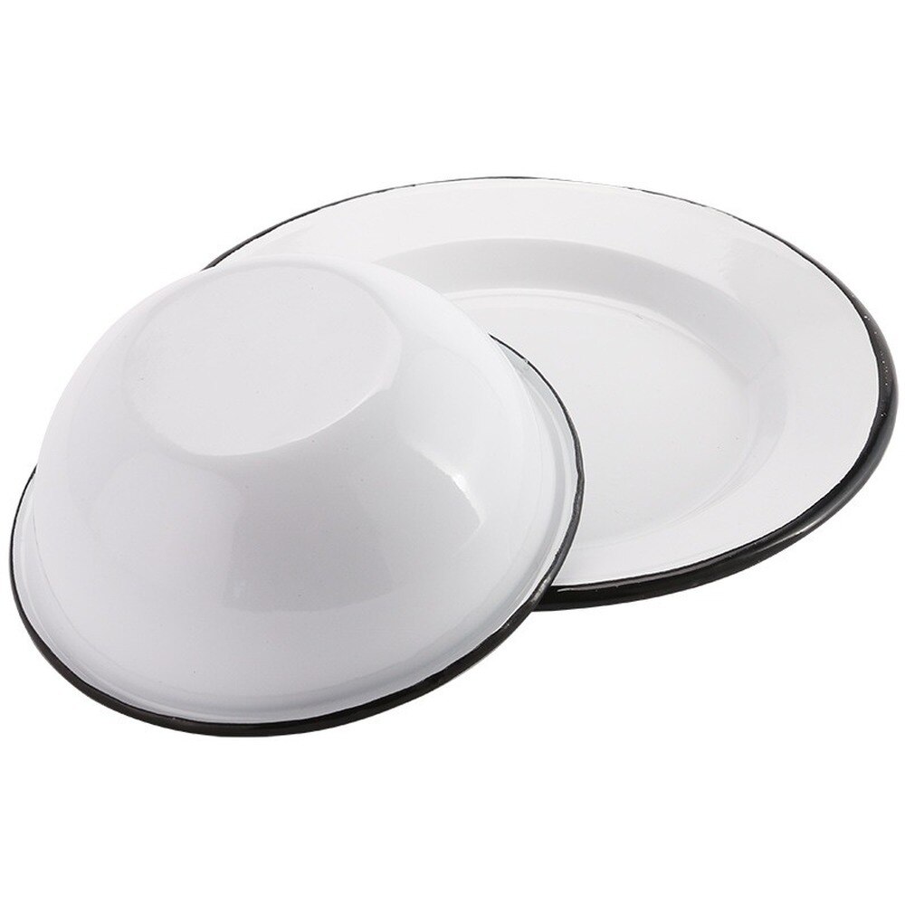 15-26cm Thick Enamel Bowl Household Disc Breakfast Tableware Dinner Plate European Enamel Tableware Set White Crimping