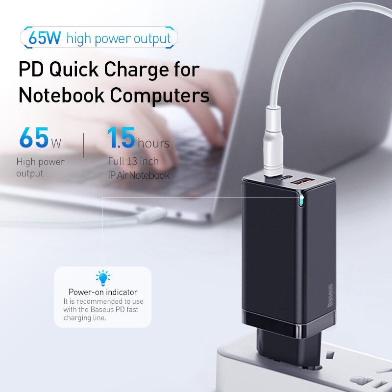 Baseus 65W Gan Derde Generatie Gan Charger Met Drie Poorten (Inclusief 100W Datakabel) CCGAN65C3 Ondersteuning Qc/PD3.0 Mini Draagbare