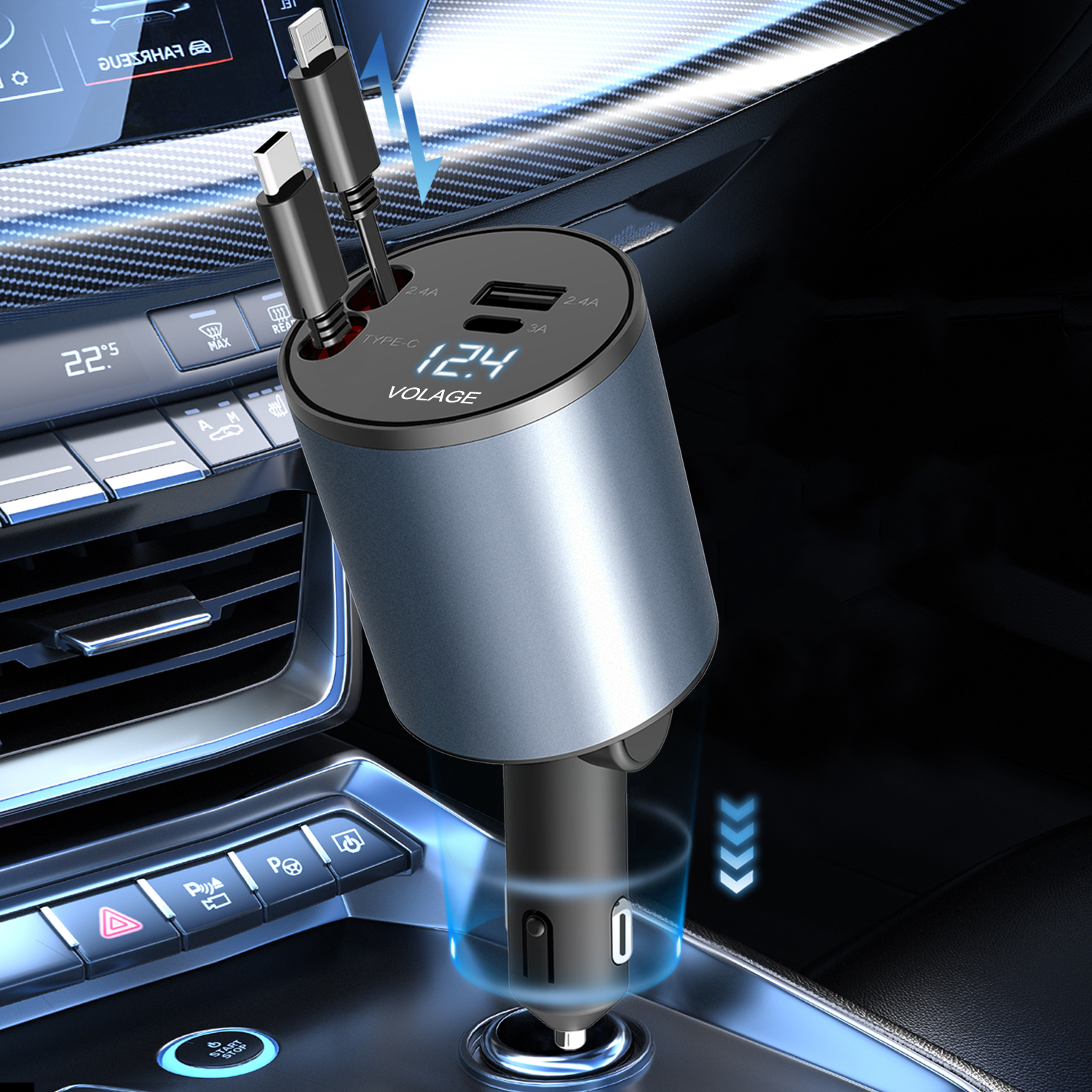 2024 Intrekbare autolader 4in1 Snelle autotelefoonoplader 100 W Intrekbare kabels 2 USB-poorten Autolader voor alle smartphones