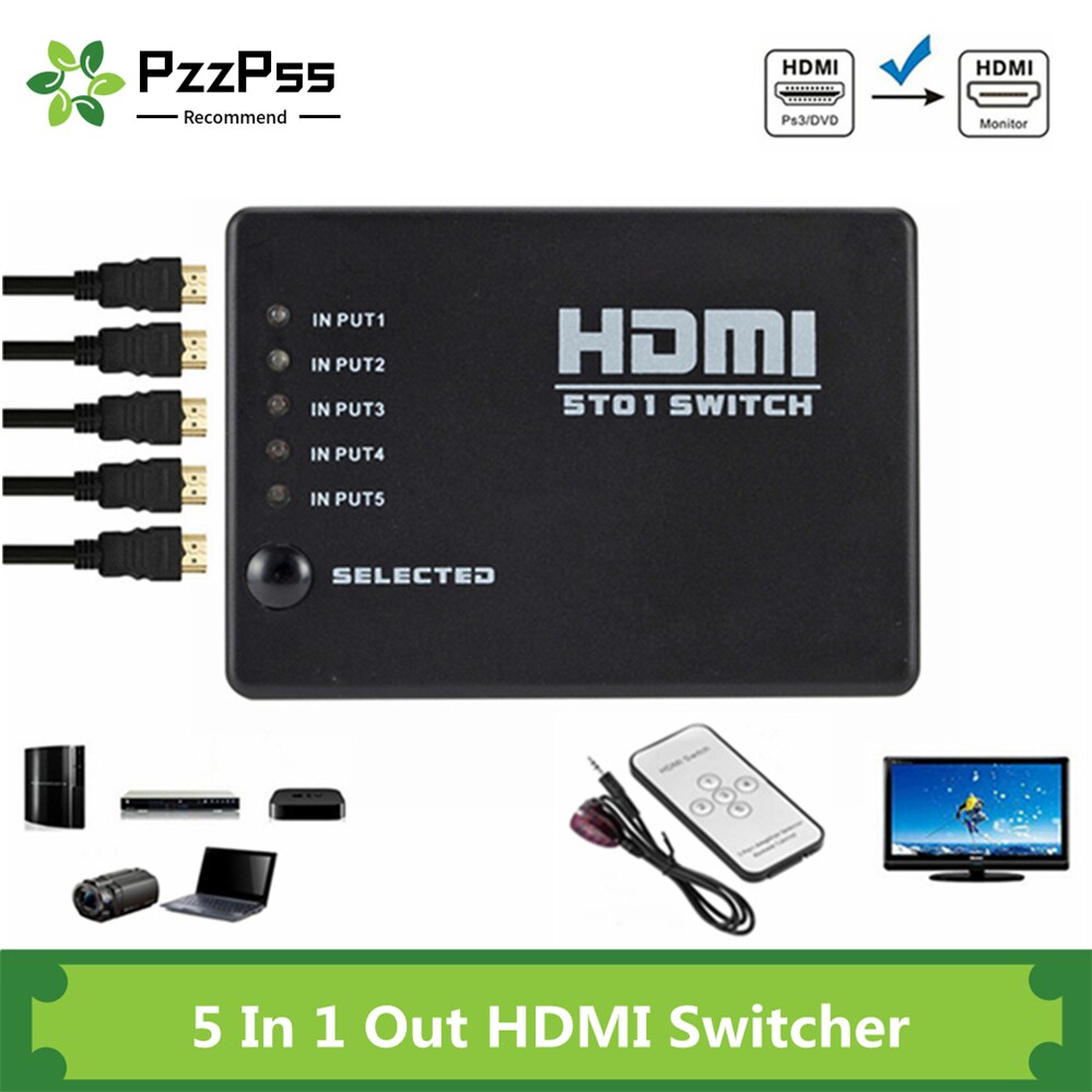 Pzzpss 5 Port Hdmi Switch 1080P Selector Splitter Hub Met Ir Afstandsbediening Voor Hdtv Dvd Box Hdmi Switcher 5 In 1 Out