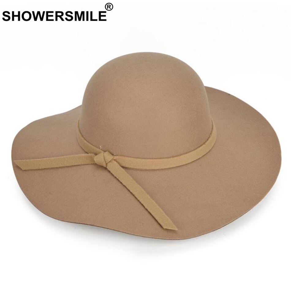 SHOWERSMILE Red Hats For Women Tweed Fedoras Hat Female Large Brim Caps Ladies Bowler Bowknot Autumn Felt Hat Brand: khaki hat