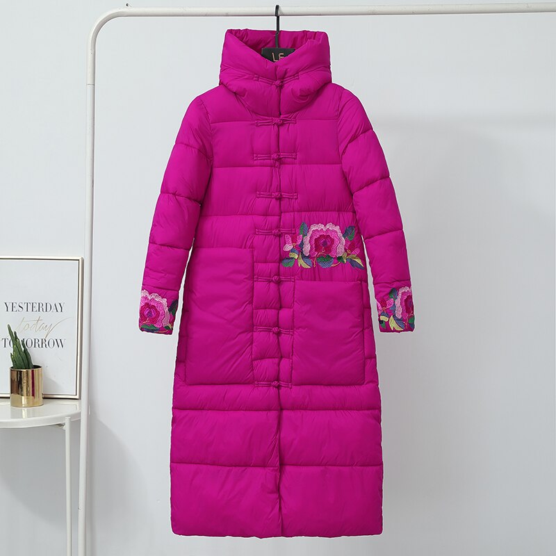 Lange Winter Parka Jassen Vrouwen Borduren Bloemenprint Vrouwen Jas Hooded Enkele Breasted Dikke Parka Vrouwelijke Jas