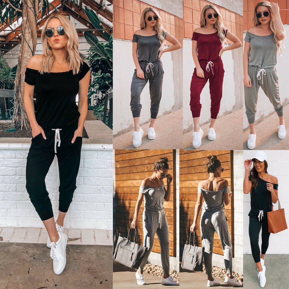 Bodycon kortärmad snygg jumpsuit dambyxa off shoulder solid casual lös playsuit dam