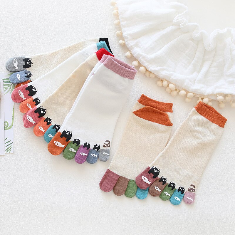 Leuke Enkel Vijf Vinger Sokken Vrouwen Katoen Beer Doseren Wit Harajuku Girl No Show Sokken Met Tenen