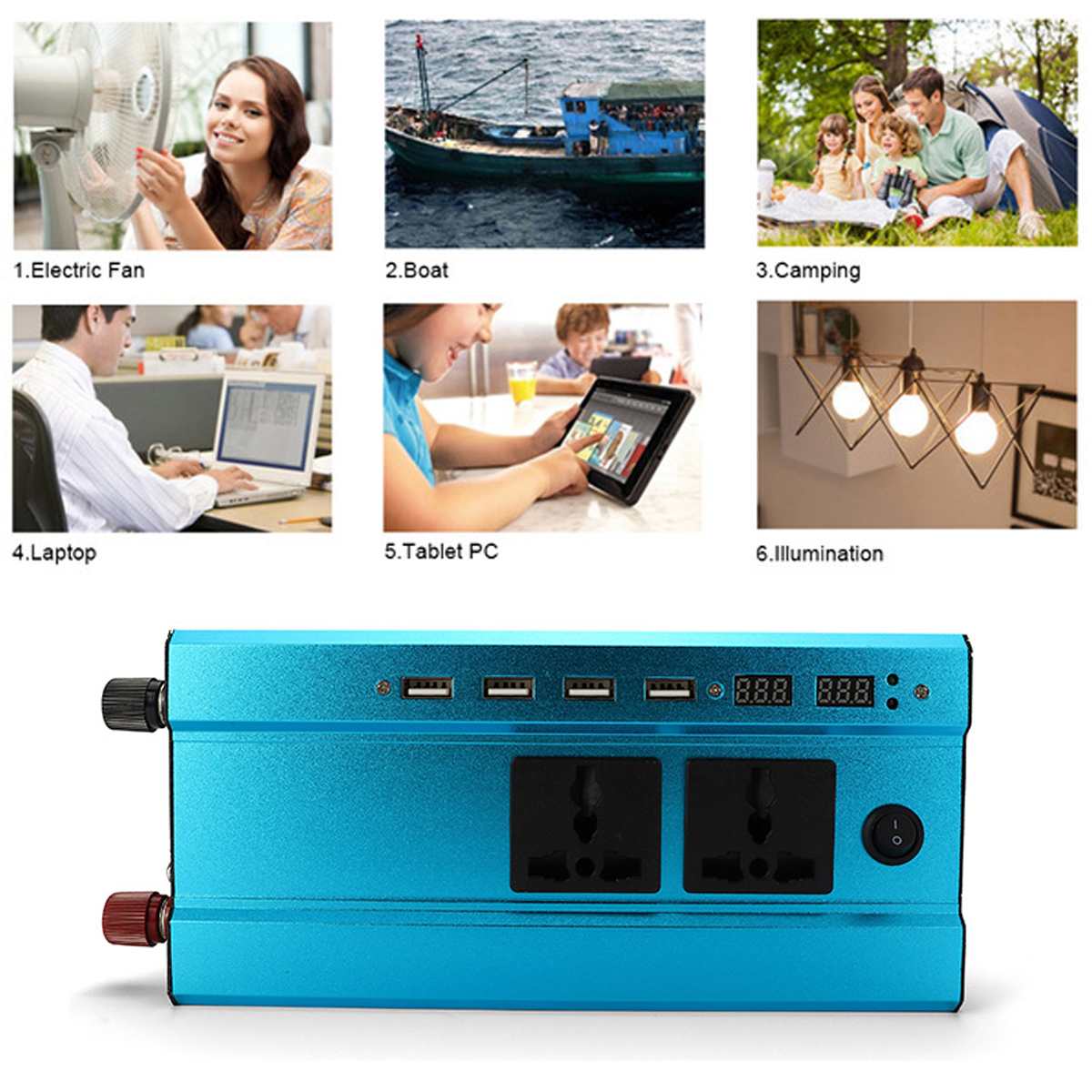 4 USB Interface Inverter 1000W 12V/24V DC to 220V Inverter Converters Voltage Transformer Smart LCD Display Power Supplies