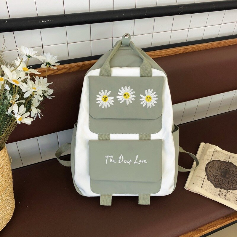 Kleine Daisy Borduurwerk Korea Packpacks Japan Bloem Junior College Hoge Tiener Schooltassen Eenvoudige Boekentas Mochilas Mujer: green