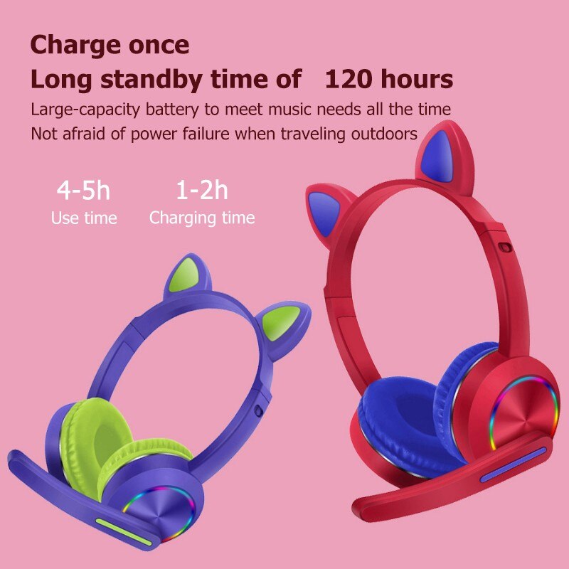 Cat Ear Headphones - Bluetooth 5.0 Wireless Stereo Headset with Mic - Hifi Sound for Kids & Adults