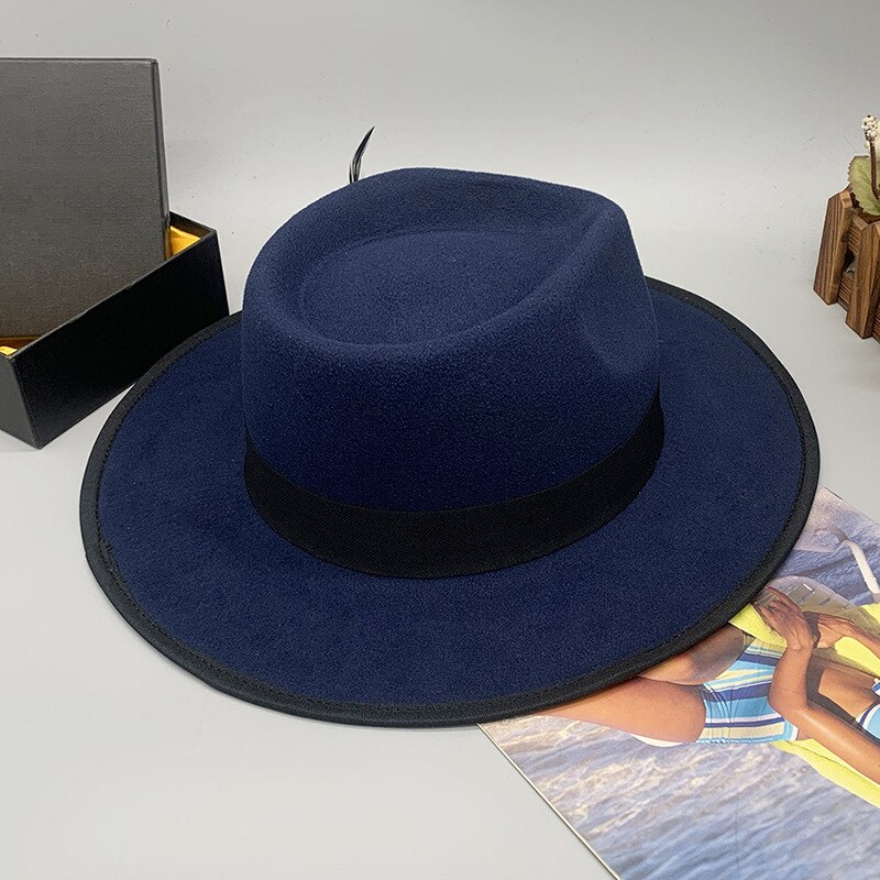 Men Women Retro Adjustable Blue Wool Blend Classical Homburg Hats Feather Band Fedora Caps Trilby Sunhat Jazz Winter Warm LM32