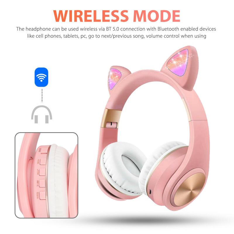 LED Cat Ear Headphones Bluetooth 5.0 Noise Cancelling Adults Kids Girl Headset Support TF Card FM Radio With Mic Wireless+Wired