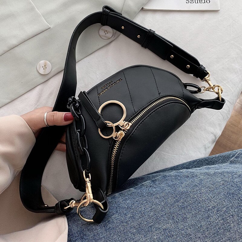 Shoulder Bag Women&#39;s Banana Pouch Solid Color PU Leather Chest Bag ladies Female Small Waist-Bag Black white Belt Bag