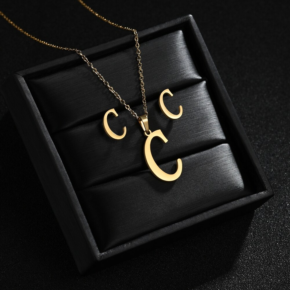 A-Z Edelstahl Ersten Halskette Und Ohrringe Schmuck Sets Alphabet Anhänger Kette Brief Zubehör: C