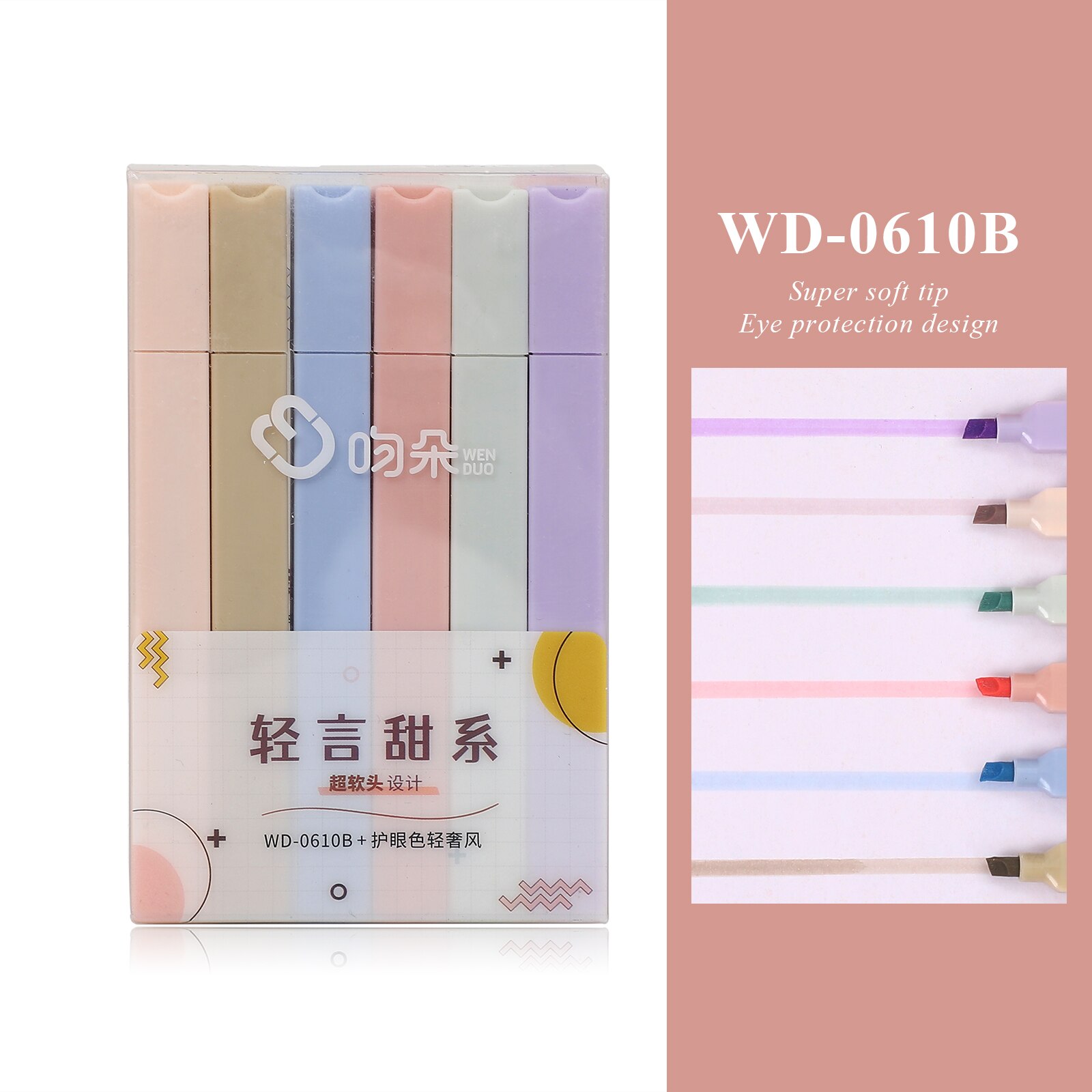 Resaltadores de punta suave Multicolor, marcador de diario Kawaii Simple, pintura linda, pluma fluorescente, papelería, 6 unids/set por juego: WD-0610B