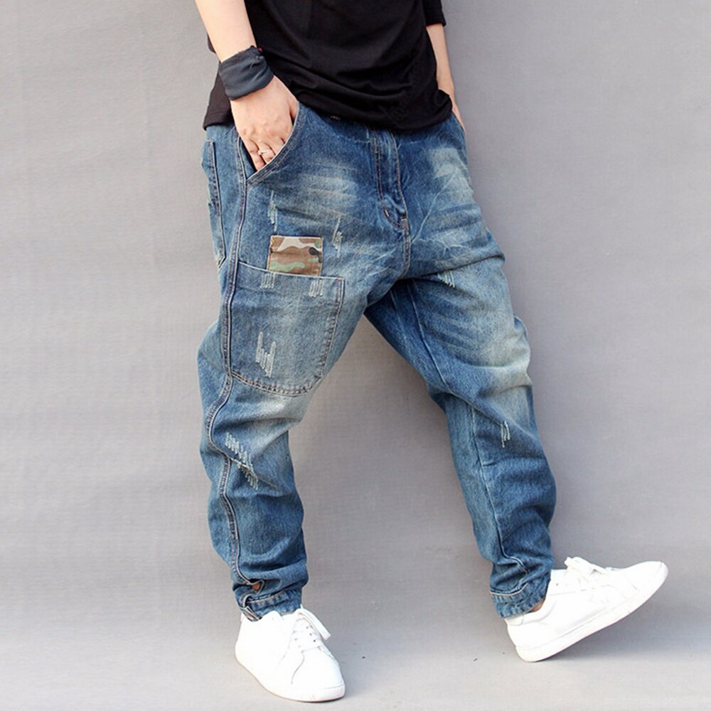 Lugentolo-pantalones vaqueros bombachos para hombre, de estilo Hip Hop, medio suelto, con cremallera, largo de talla grande bajo ajustado, Vaqueros rasgados para hombres