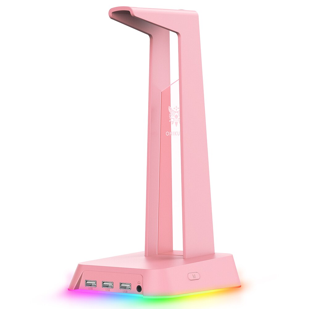 ONIKUMA RGB Headset Display Stand ST-2 with 3 USB+Audio Port Gamers Headphone Support Desk Hanger Holder Storage Accessories: Pink