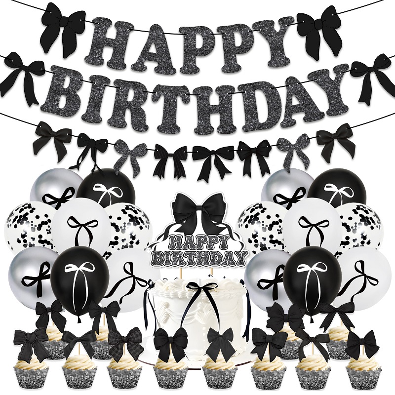 13pcs Black Bow Tie Cake Decoration,Girl's Bow Happy Birthday Cake Insert