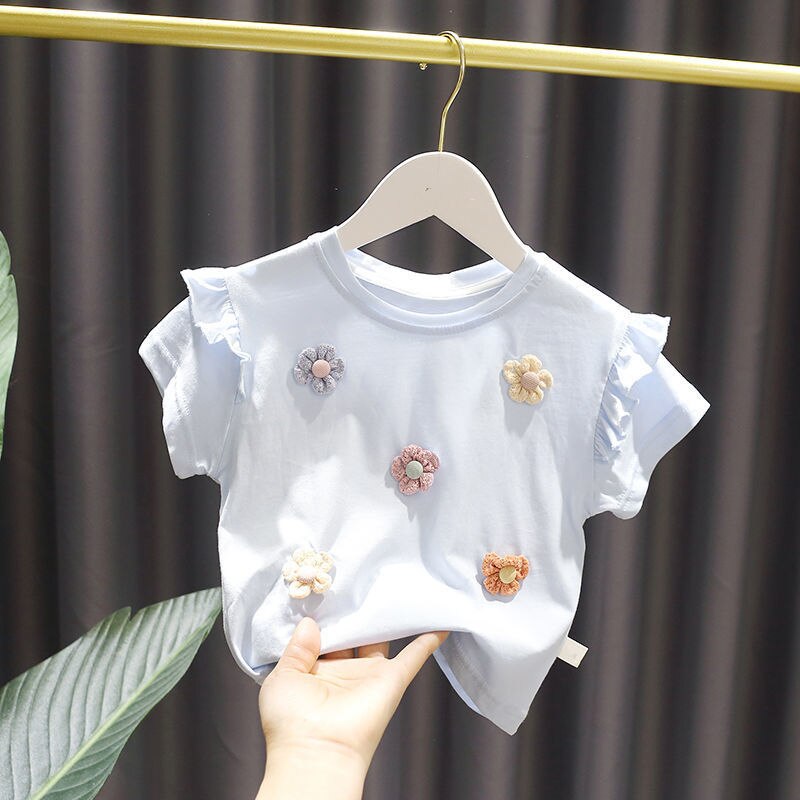 Ragazze di estate T-Shirt dei Nuovi bambini Del Bambino Sveglio Del Merletto a maniche corte Top Po &#39;Della Ragazza del Cotone Che Basa La Camicia: Cielo Blu / 130CM 6T