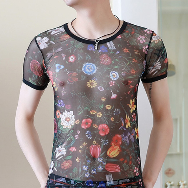 neue Blumen- sexy Unterhemd Herren Atmungs SchöNe drucken Sehen Durch Transparente Homosexuell Paar T Männlichen Fitness: L