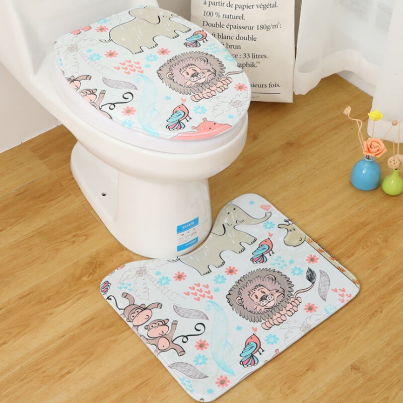 2 unids/set estilo de dibujos animados inodoro cubierta en forma de U-Mat de asiento de inodoro lavadora alfombra: Lion