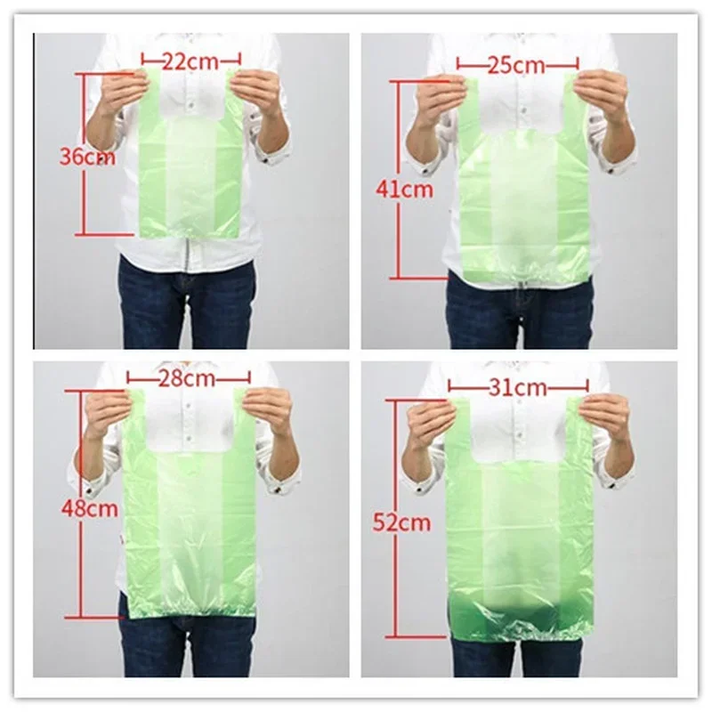 100PCS Green Plastic Packaging Bags with Handle Vest Bag Supermarket Grocery Shopping Bag Thicken Food Kitchen Home Storage