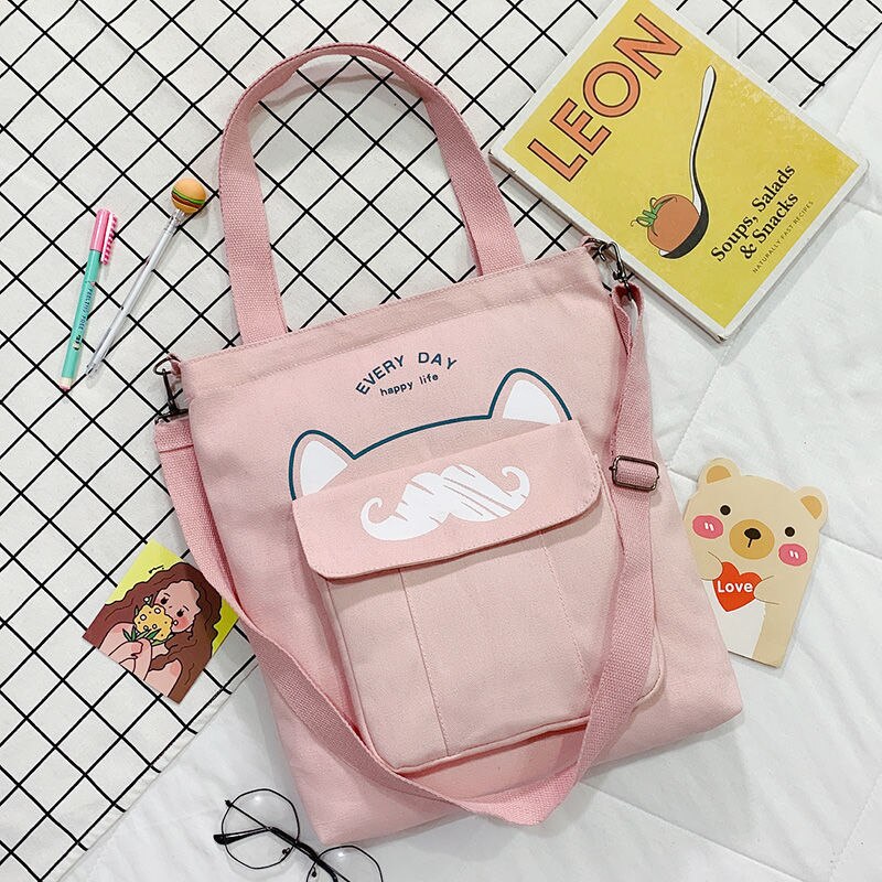 Grote Capaciteit Canvas Tas Schooltas Wilde Vrouwen Crossbody Tassen Cartoons Vrouwen Handtassen Schoudertassen Snor Tote Boodschappentas: Pink No Pendant