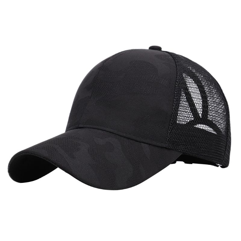 Frauen Sommer modisch Pferdeschwanz chaotisch Brötchen Baseball Deckel Hüfte hüpfen Tarnung Jacquard Gittergewebe Zurück Einstellbare Hysterese Hütte: Schwarz