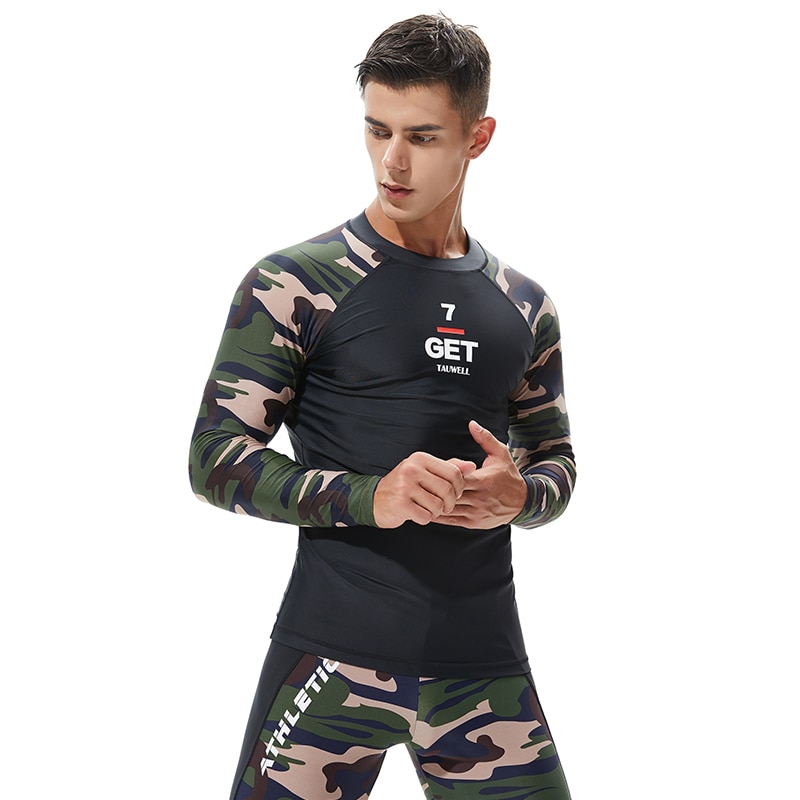 Herr långärmad rash guard sportkläder skarva uv solskydd bas skinn kamouflage surfing dykning simning t-shirt