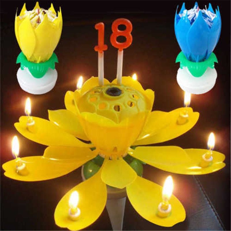 1pc smukke blomster lotusblomstlys fødselsdagsfest kage musik gnistre kage topper roterende lys dekoration