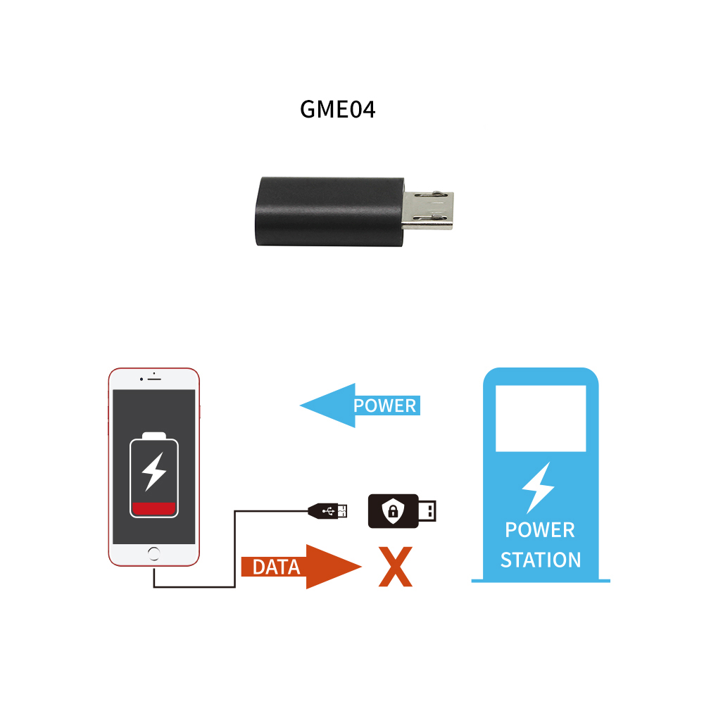 Usb mobiltelefon datablokker, forsvarer, blokkerer uønsket dataoverføring, beskytter telefonen mot offentlige ladestasjoner hack proof: Gme 04 mikro-usb