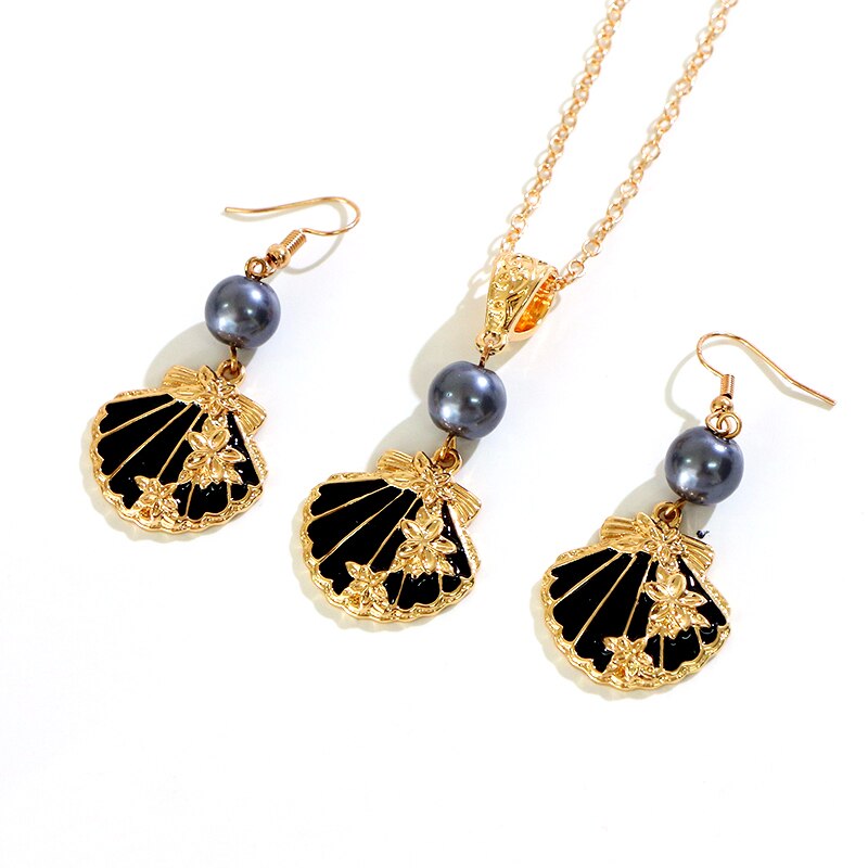 Say Hello Polynesian Hawaiian Samoa Marshall Style Grey Pearl Shell Shaped Charm Necklace Pendant Earrings Set K6517