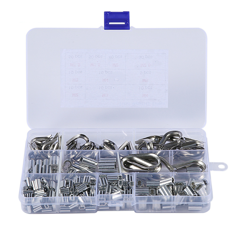 SHGO -225Pcs M2 / 3/4 / 5 Stainless Steel Thimble and 6-Size Aluminum Crimping Loop Sleeve Assortment Kit for 1/16 inch - 3/1