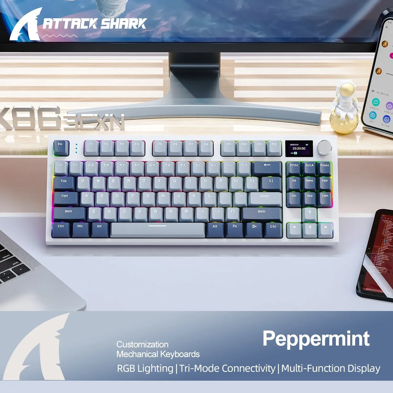 ! K86 Wireless -Swappable Mechanical Keyboard Bluetooth/2.4g With Display Screen and Volume Rotary Button for Games and: Olive