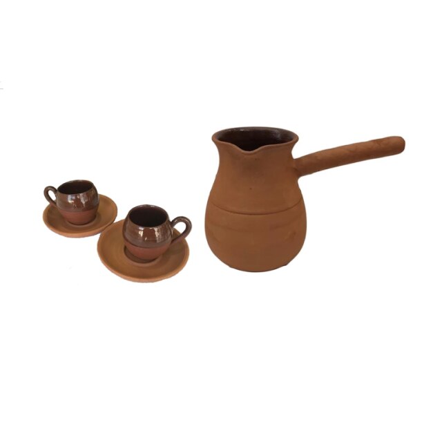 Authentic Handmade Pottery Turkish Coffee Cup Coffee Accessories Brown Traditional Anatolian Coffee Mug Special: 2 pcs and pot set