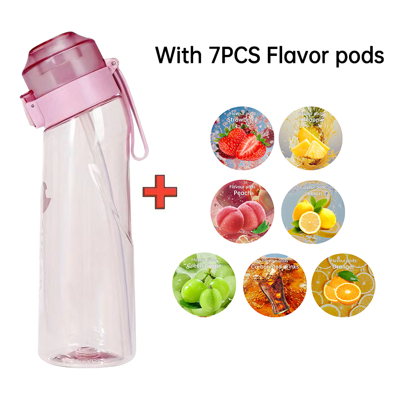 LUSQI Luftgeschmack-Wasserflasche mit 7-Geschmack-Ring, sportlicher, modischer Strohhalm-Tritan-Kunststoffbecher, geeignet für draussen-Sportarten und Fitness: Rosa