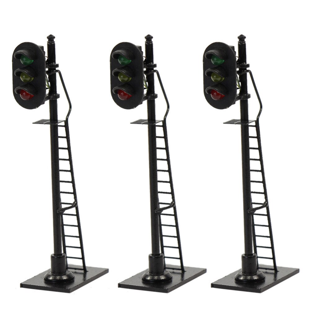 3pcs Model Railway 1:87 Red Yellow Green Block Signal Traffic Signal HO Scale 6.3cm Traffic Light Black Post with Ladder